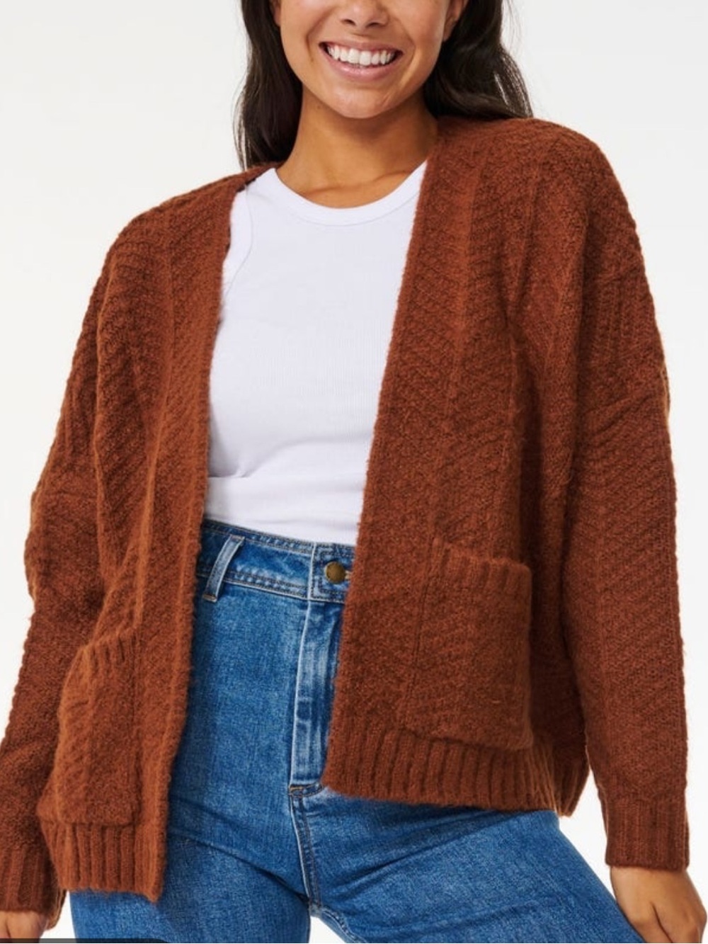 Rip Curl Orange/Brown Open-Front Knit Cardigan